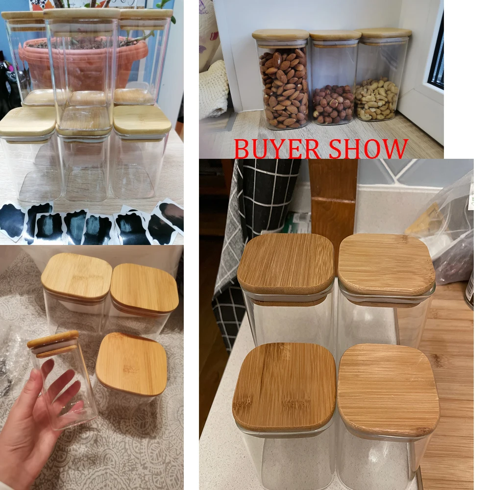 Square Sealed Glass Bottles Jars Tea Coffee Beans Storage Boxes Candy Snack Tins Bamboo Lid