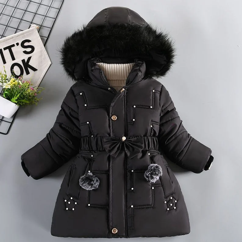 

Snowsuit For Girls Trendy Bead Pom Details Faux Fur Hood Winter Warm Tunic Overcoat With Pockets Children Thicken Hooded Jacket