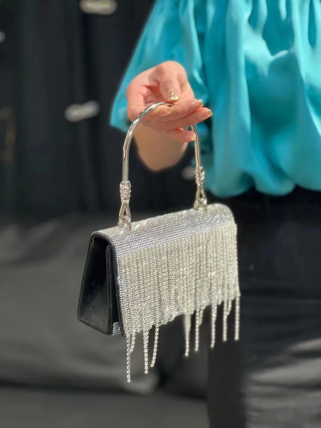Luxury Designer Bling Tassel Rhinestone Diamond Square Bag Women's Handbag Evening Bag Dinner Party Clutch Purse Shoulder Bag