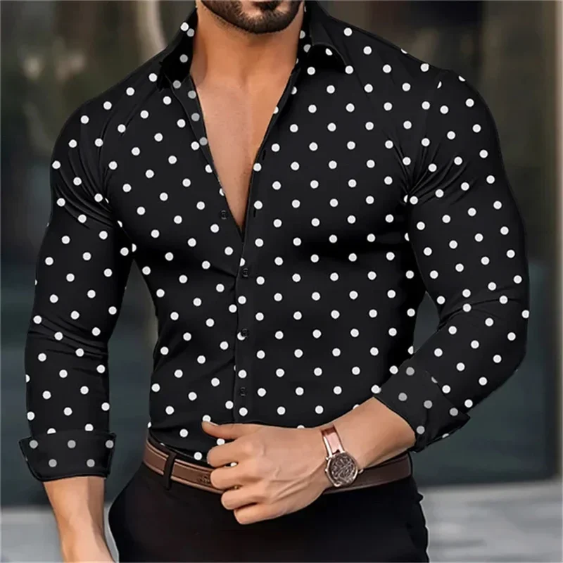 

2024 new men's button-down long-sleeved polka dot lapel shirt outdoor street fashion casual breathable comfortable clothing top