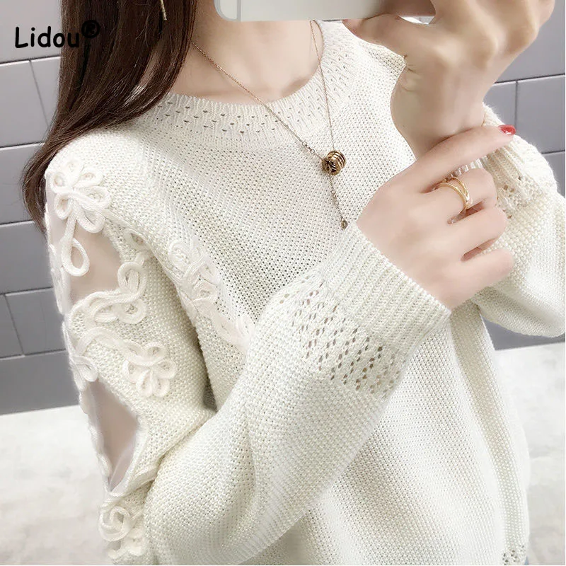 

Spring Autumn Fashion Commute Hollow Out Solid Color Sweaters For Female Loose All-match Gauze Patchwork Round Neck Knitted Tops