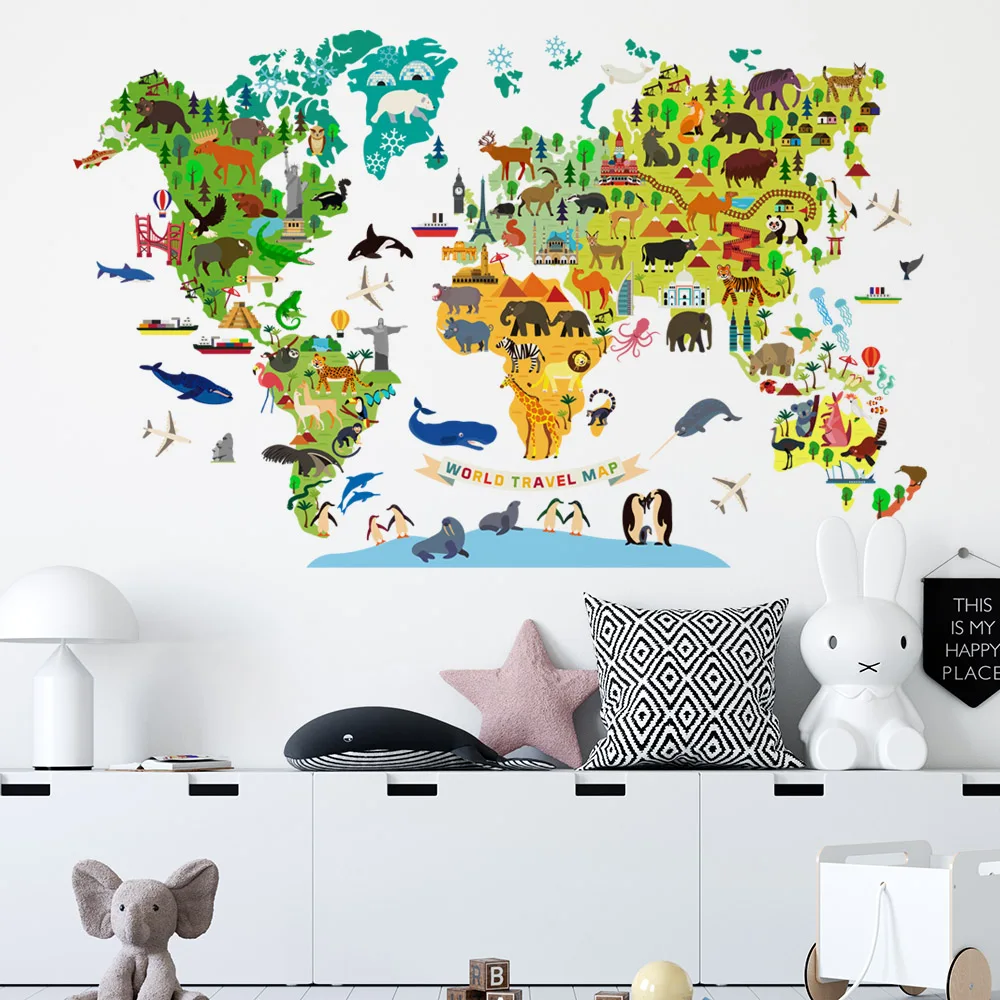 World Travel Map Block Wall Stickers for Display Window Nursery Study Room