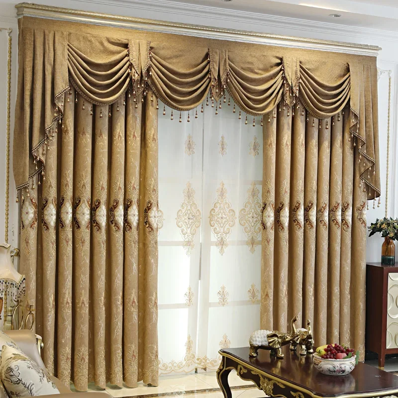 

European Chenille Embroidery Coffee Curtains for Living Room Dining Luxury Blackout Bedroom Tulle Valance Window Decor Blue