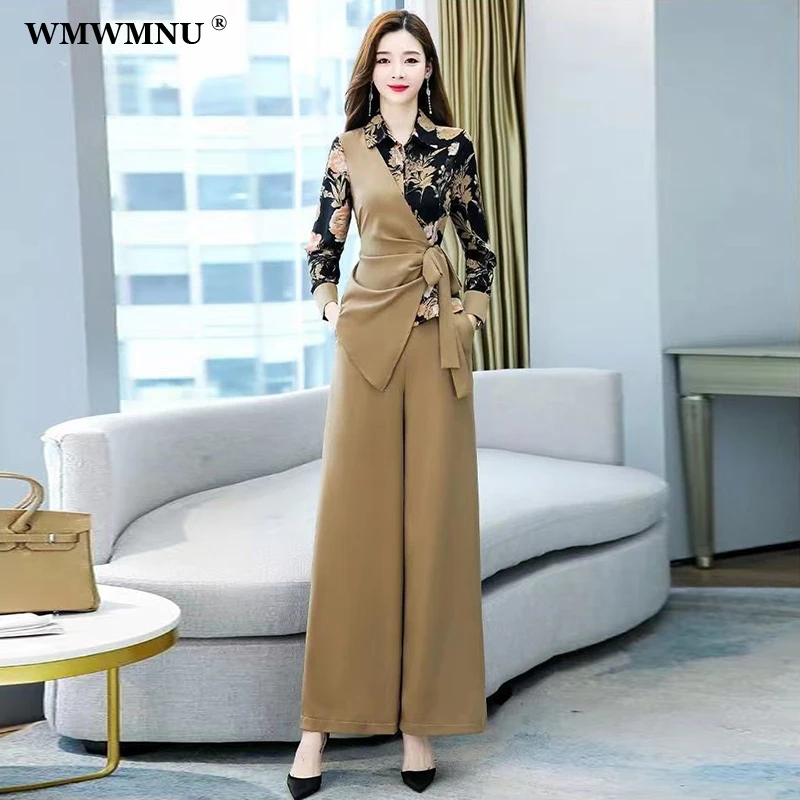 

korean Irregular Print Patchwork Lace Up Shirts And Fashion High Waist Wide Leg Pants Suit Elegant Two Piece Set Women Outfits