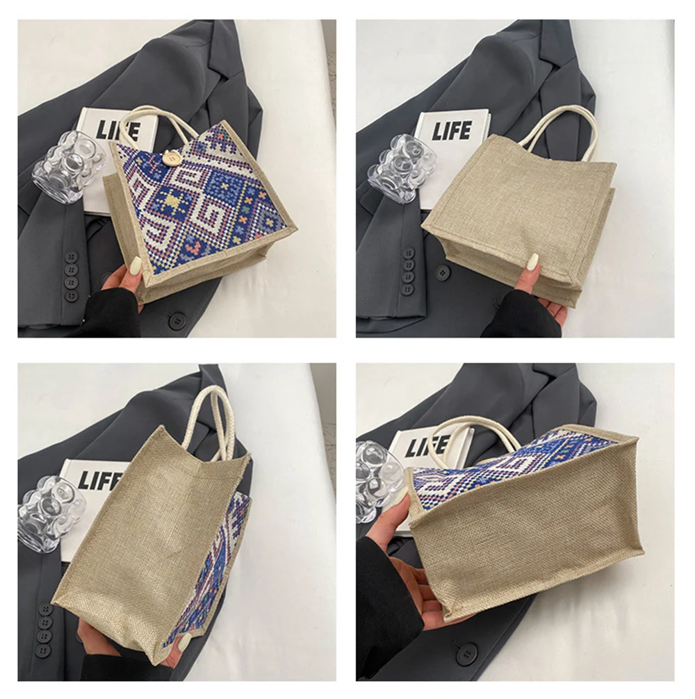 Flower Pattern Linen Handbag For Women Fashion Designer Bag Convenient Large-Capacity Shopper Tote Travel Grocery Storage Bag
