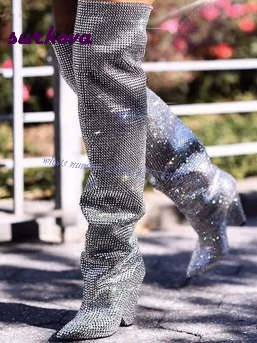 Sparkly Boots Rhinestone Chunky Heeled Boots Pointy Toe Knee High