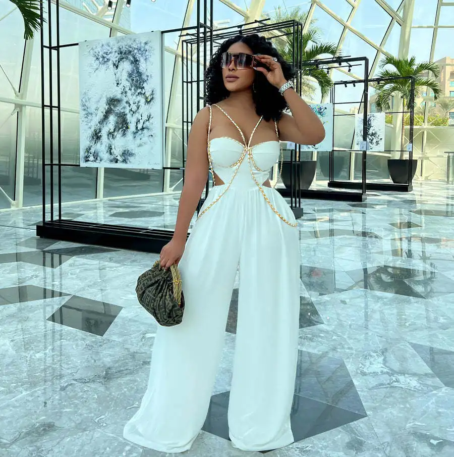 

Hollow Out Women Jumpsuit Halter Neck Backless 2022 Summer Sleeveless Beach White Overall Sexy Outfits Solid Streetwear