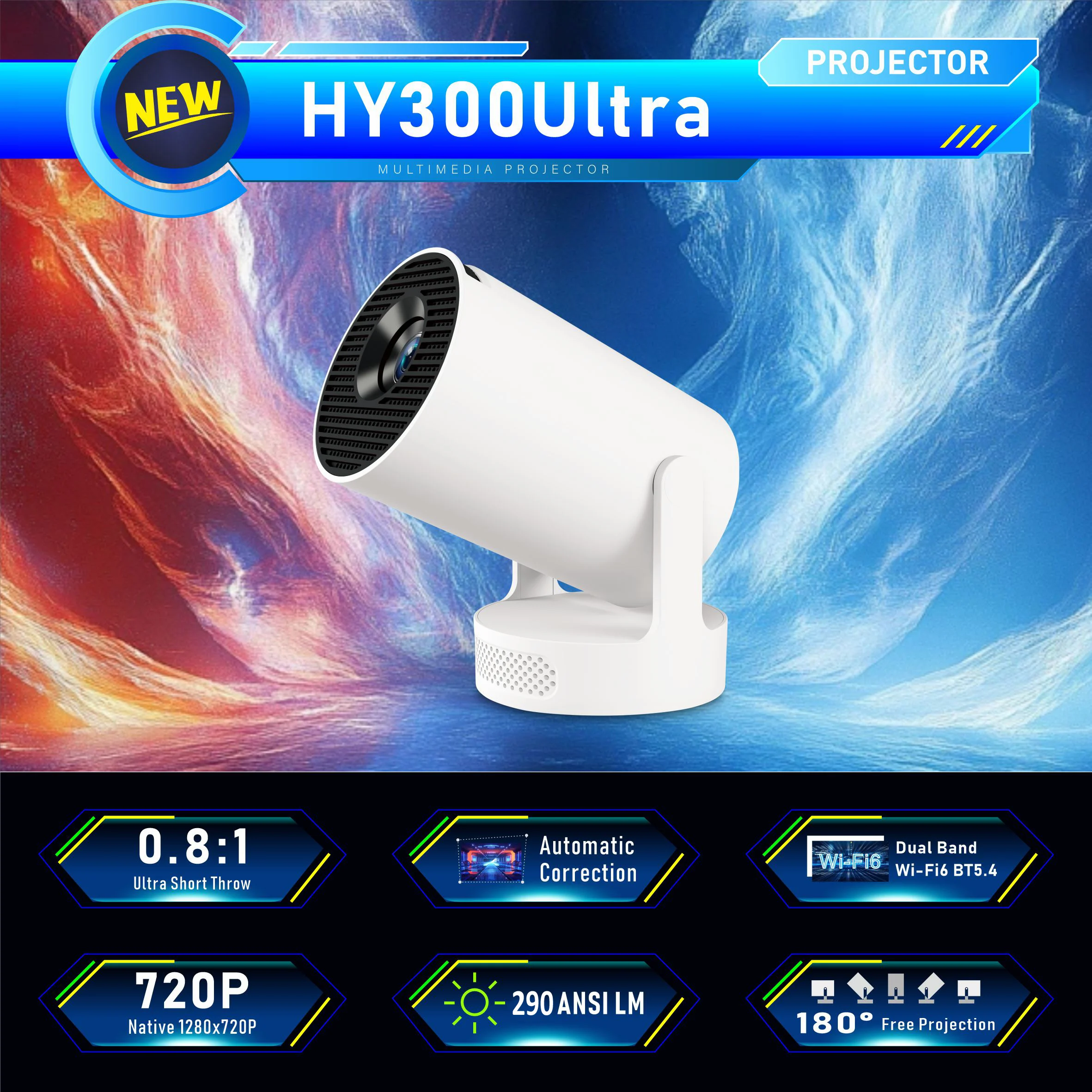 Projector HY300 Ultra 4K Android11 WiFi6 BT5.0 290 ANSI Built in 5W Speaker Ultr