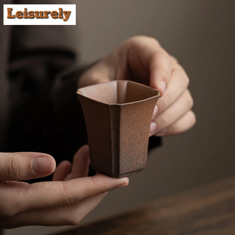 2pc/lot Old Rock Mud Coarse Pottery Teacup Aesthetic Tea Bowl Tea Pair Tea-tasting Smelling Cup Chazhan Master Cups Tea Services