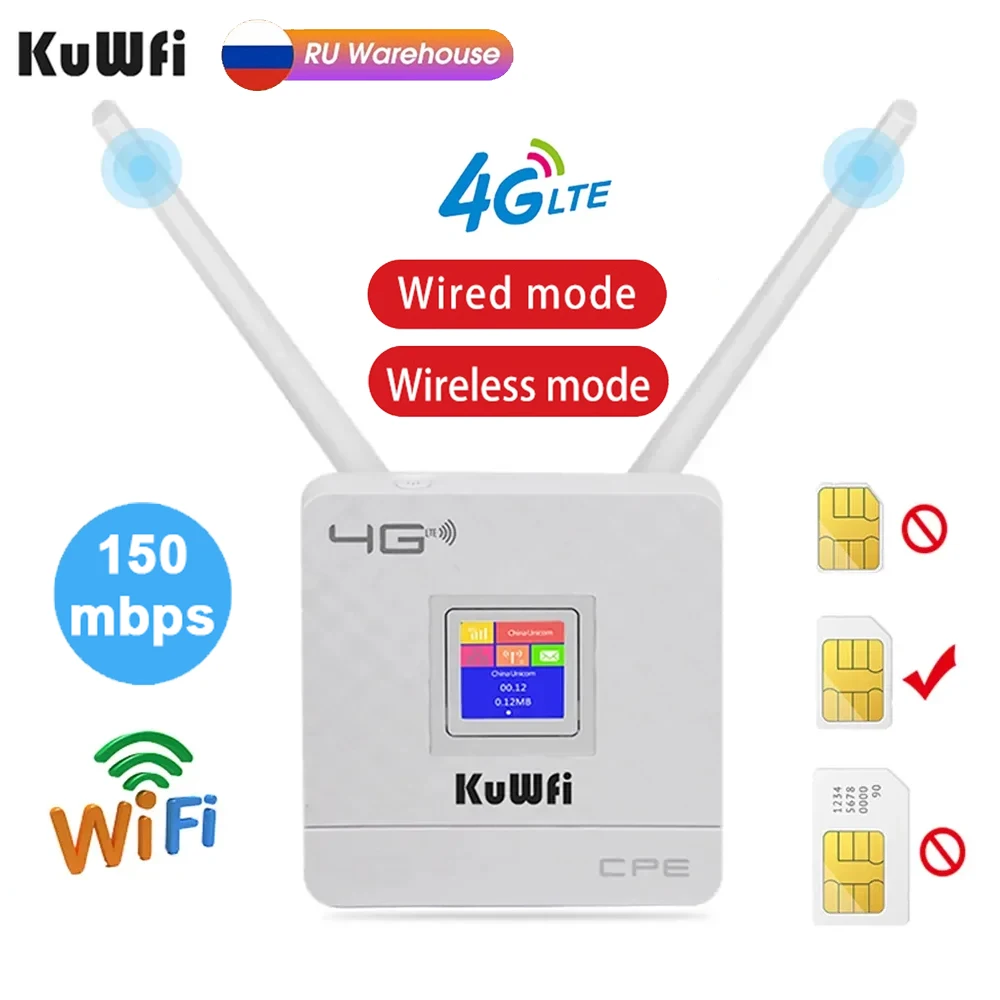 Kuwfi 4G Lte Router Cat4 150Mbps Wireless 4G Router Wi-Fi Antenna Esterna Con Porta Rj45 Slot Per Scheda Sim Supporto Wireless Cablato
