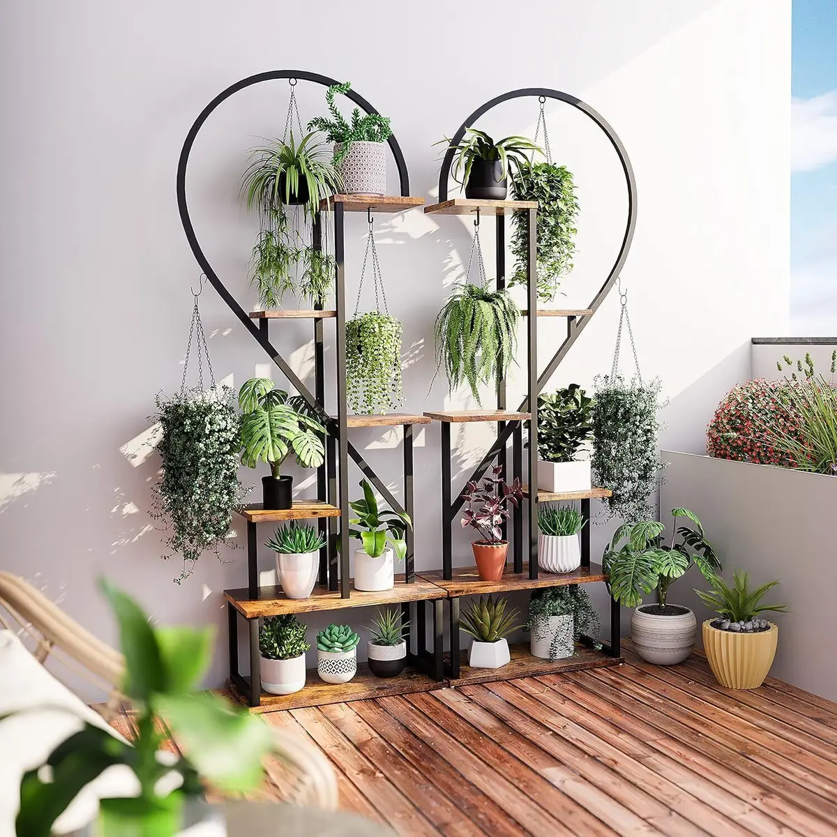 6 Tier Heart Shaped Plant Stand, Wood & Metal Flower Rack for Plants Display, Storage Shelf for Garden, Balcony, Living Room — view 6