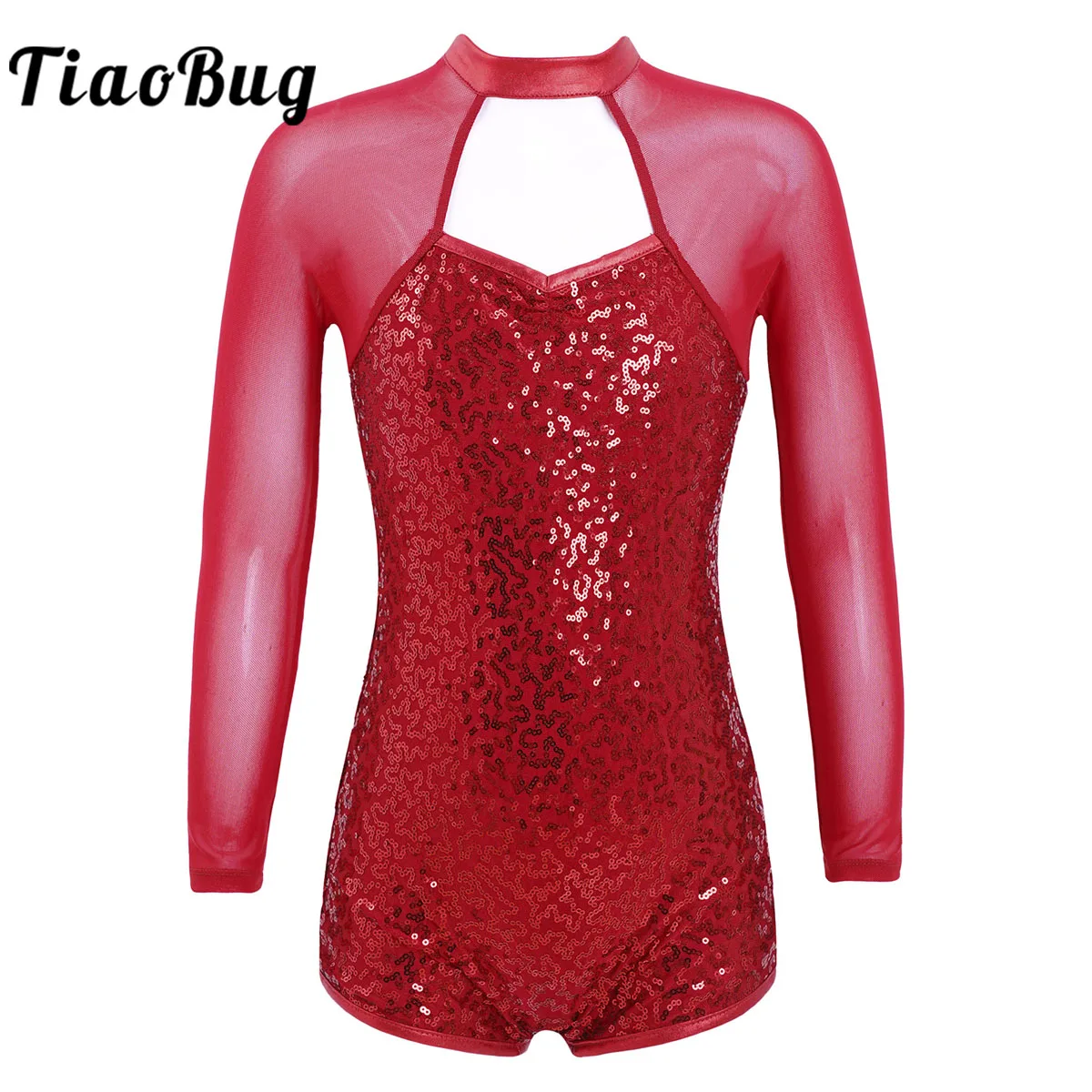 Kids Girls One Sholder Long Sleeve Ballet Gymnastics Leotard Sequins Latin Jazz Dance Shorty Unitard Bodysuit Jumpsuit Costume