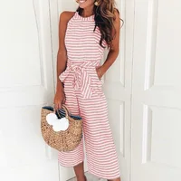 Elegant Sexy Jumpsuits Women Sleeveless Striped Jumpsuit Trousers Wide Leg Pants Rompers Loose Style Belted Leotard Overalls - Image 5