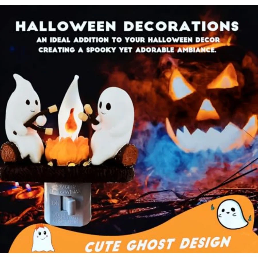 Ghost Campfire Nightlight for Halloween Decor: 3D Spooky Fire Flickering Night Light with Marshmallow Ambience Ideal for Outdoo