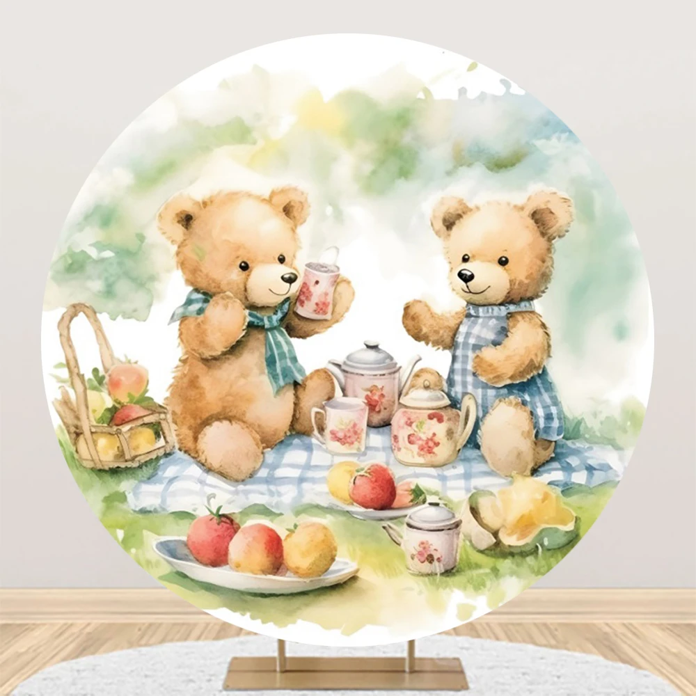 

Teddy Bear Picnic Backdrop Round Cover First Birthday Party Decorations for Girls Watercolor Circle Photo Background Photography