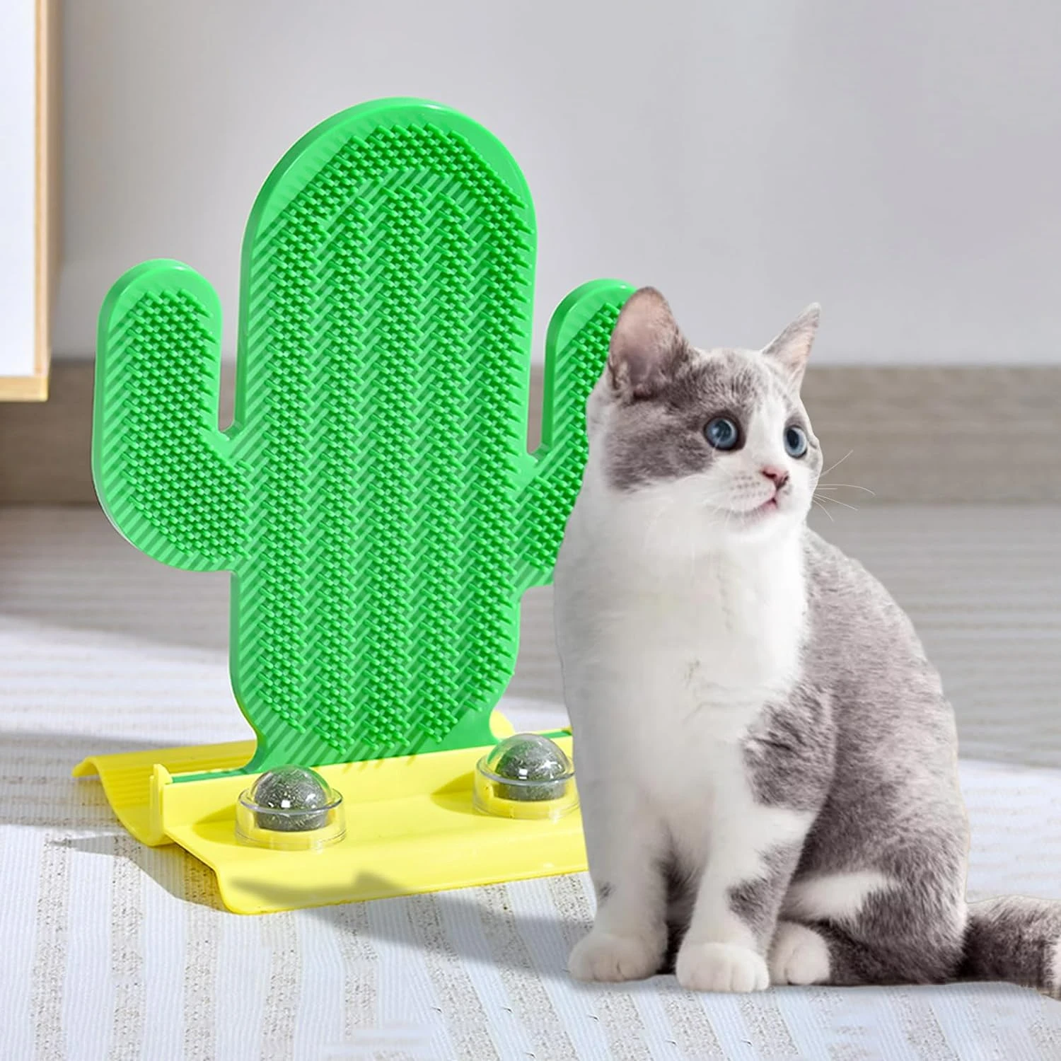 Interactive Cat Toy with Catnip Balls, Corner Grooming Hair Brush and Cat Massager - Cat Cactus Self Groomer Scratching Pad Rubb