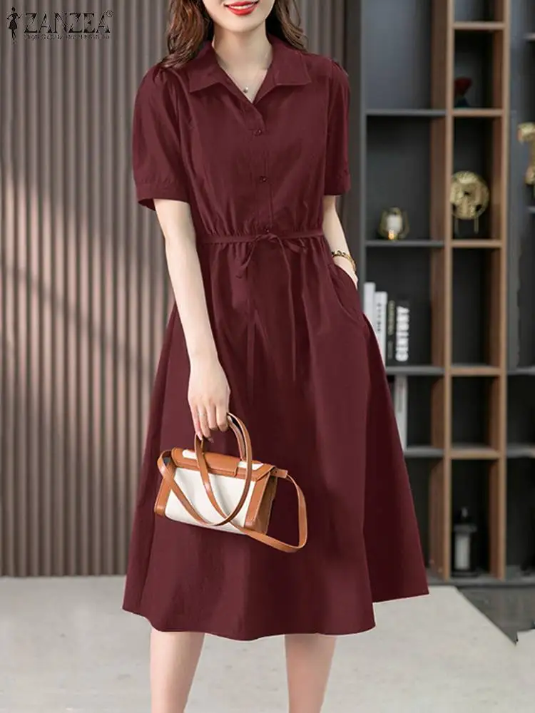 

2023 ZANZEA Fashion A-line Shirtdress Summer Laple Neck Short Sleeve Dress Women Vintage Midi Vestido Femme Solid Work Sundress