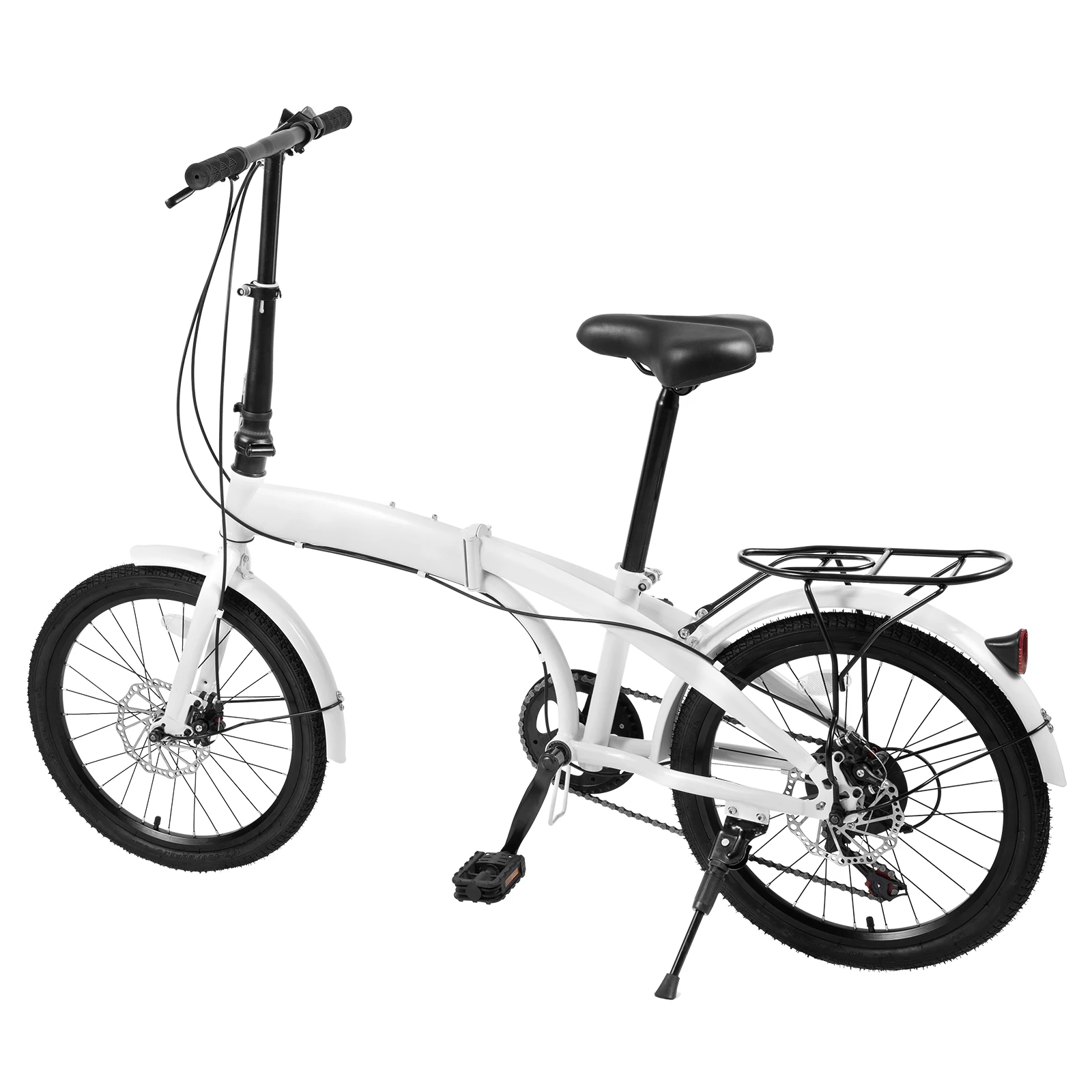White 7 Speed Gears 20-inch Wheels Folding Bike High Carbon Steel Foldable Bicycle City Bicycle with Disc Brake for Teenagers