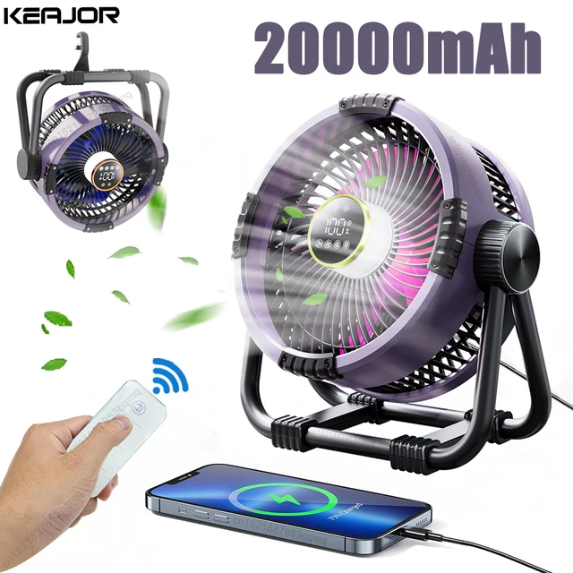 Ventilatore da campeggio da 20000 mAh Ventilatore da soffitto portatile ricaricabile da campeggio esterno Ventilatore da tenda wireless con gancio e circolatori d'aria leggeri 1