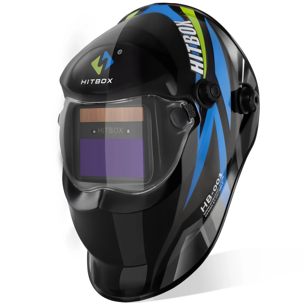 HITBOX casque de soudage obscurcissement rapide 3.64x1.77 pouces grande vision capot de soudage couleur vraie solaire alimenté par batterie soudeur masque capuchon