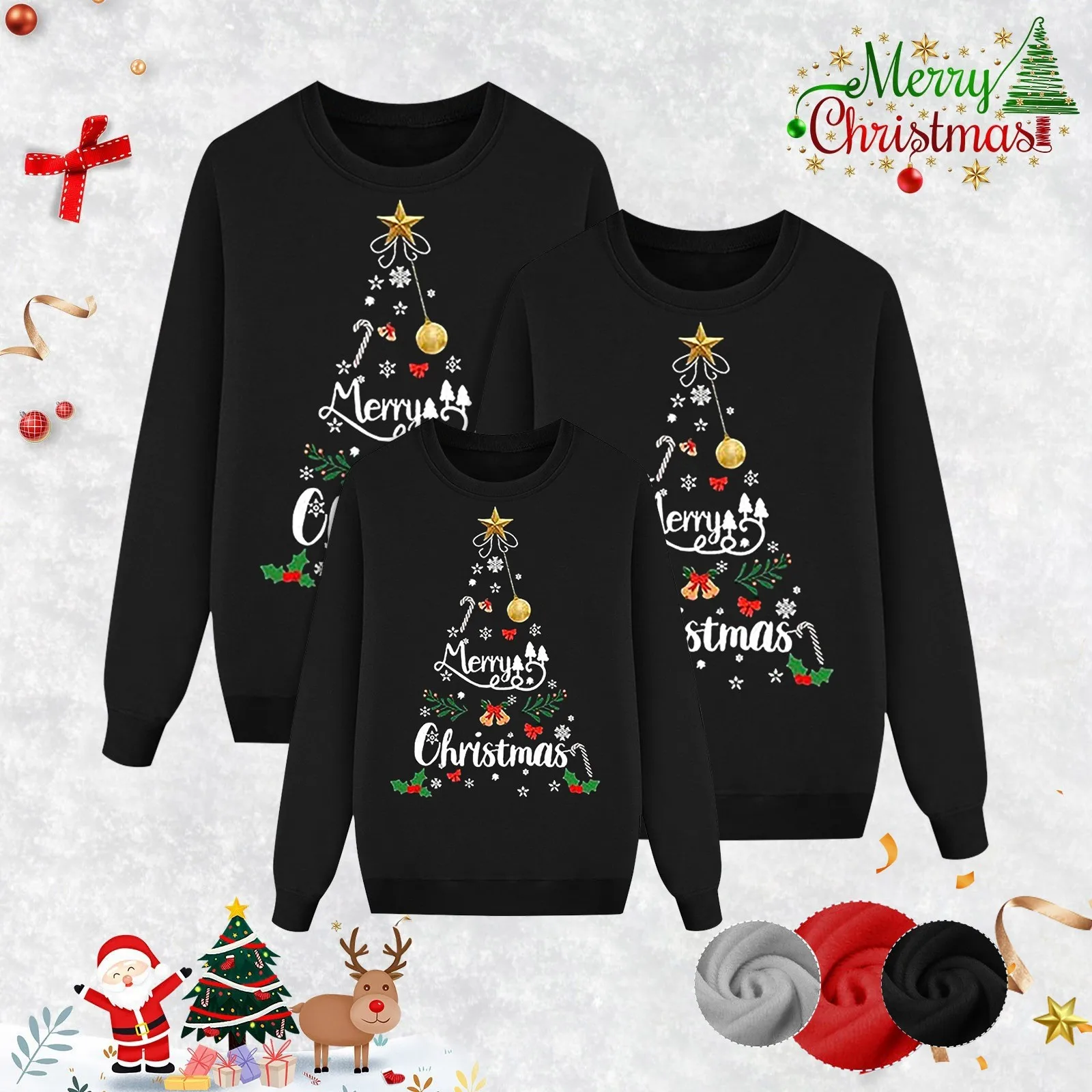 thumbnail image 2 of Sudadera con estampado de letras de árbol de Navidad a juego para toda la familia, manga larga, cuello redondo, informal, atuendo para padres e hijos para las fiestas, 2 of 5