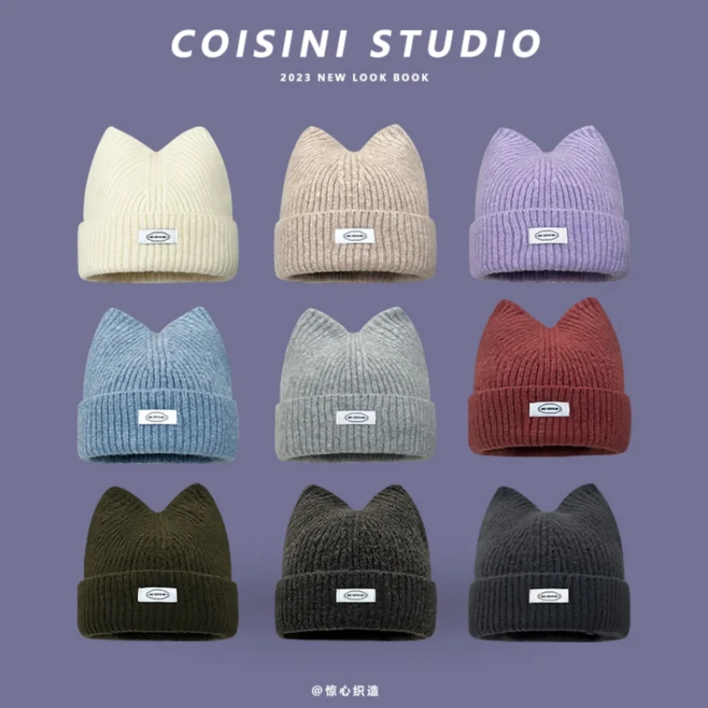 

Korean Version New Cute Ear Letter Patch Knitted Hat Women's Autumn and Winter Thickened Warm Versatile Simple Beanie Cap
