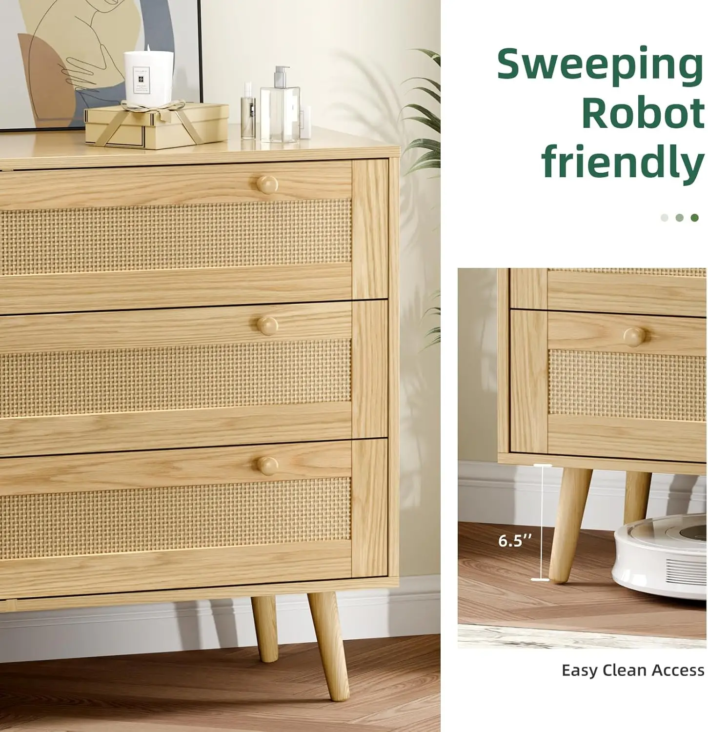 3 drawer rattan dresser for bedroom modern wooden chest with handles