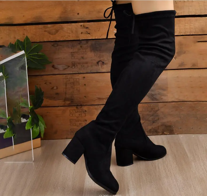 Fashion Faux Suede Female Heels Autumn Winter Elastic Knee-high Boots Women Tube Lace-up Thigh High heeled thick heeled Boots