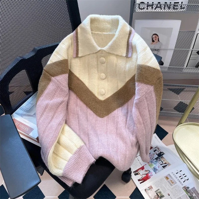 

2023 Autumn Winter Vintage Patchwork Color Contrast Button Lapel Sweater Pullover for Women Loose Fashion Chic Loose Knitwear