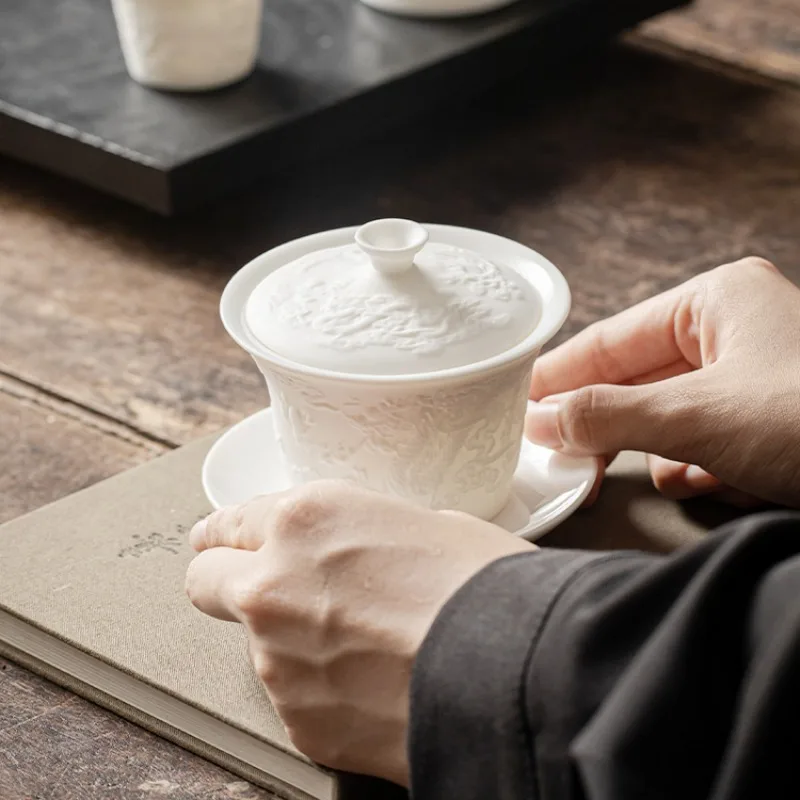 relief sculpture Dragon and Phoenix Sancai Covered Bowl 160ml Kung Fu Tea Brewer Large Tea Cup Zen Ware