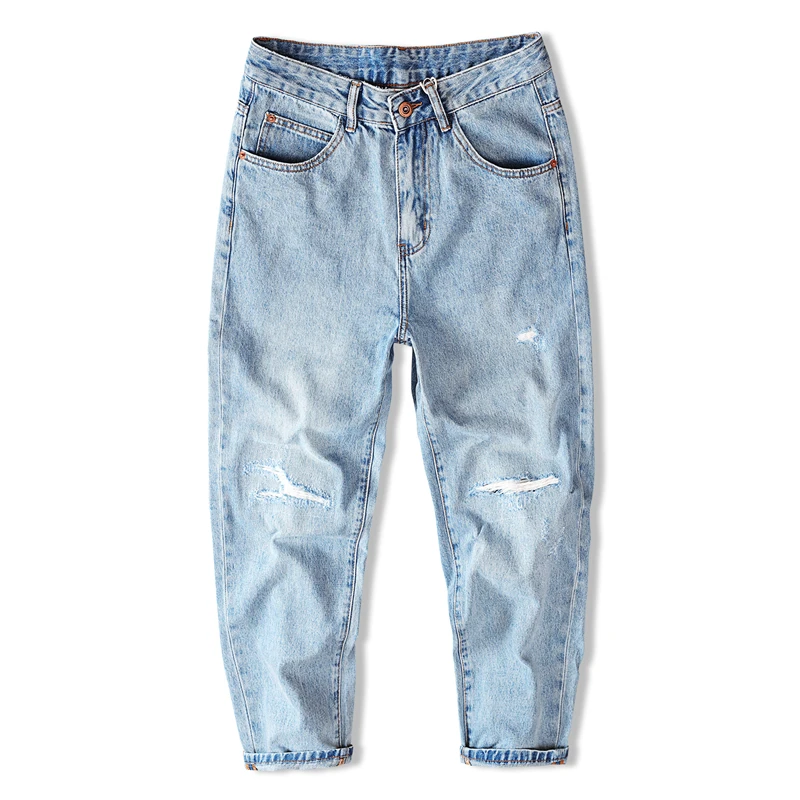 Spring/Fall European American Trendy Men's Denim Jeans Knee Ripped Distressed Light-Colored Loose Harem Tapered Pants