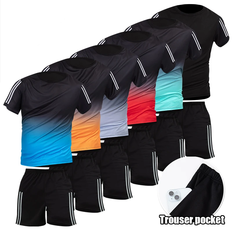 Men's Quick-drying Sports Suit Leisure Fitness Running Short Sleeve Elastic Waist Shorts 2/6 Pcs sports pants