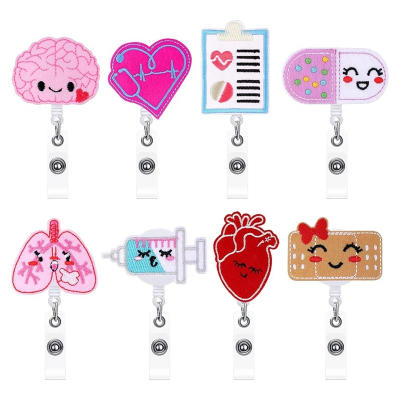 

8 Pieces Felt Retractable Badge Reels, Themed Badge Holders Gift For Christmas Thanksgiving School Nurses Students Easy To Use