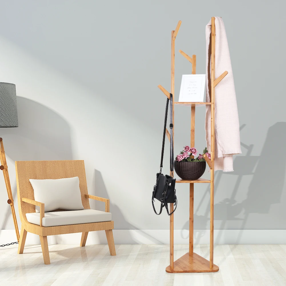 Bamboo Coat Rack Tree Cloth Hanger 9 Hooks 3-Layer Shelf Stand Hallway Living Room for Hat,Clothes,Scarves,Handbags,Umbrella