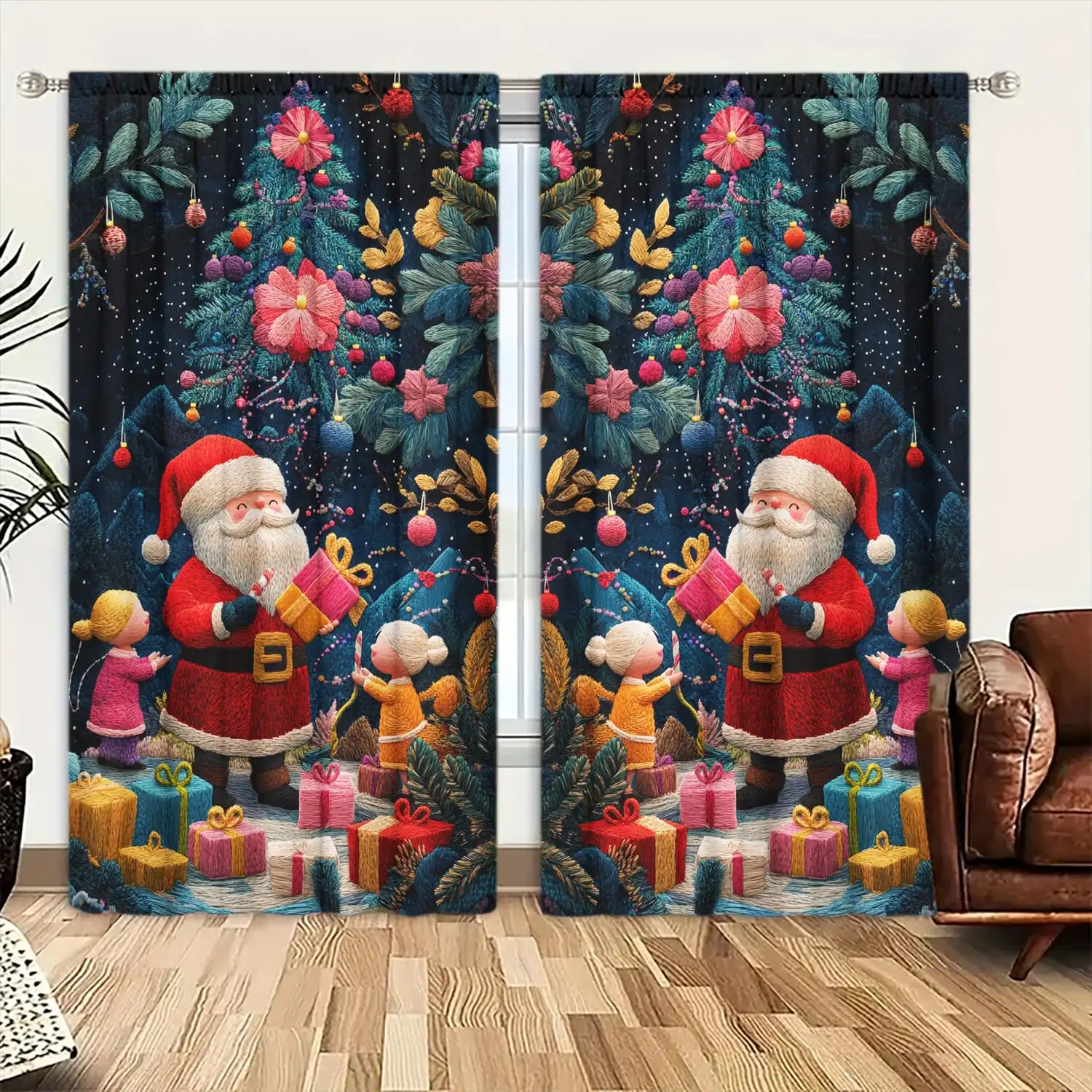 2pcs Mbroidered Santa Claus Gives Gifts Printed Curtain for Christmas Home Decor-Rod Pocket Window Treatment for Bedroom, Office