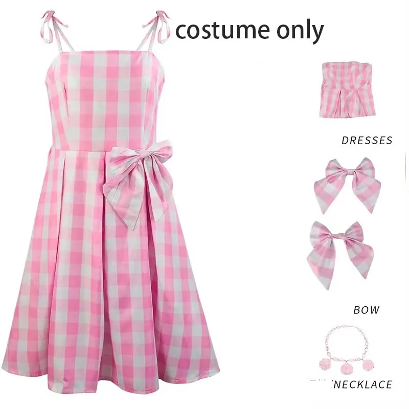 Movie Princess Cospaly Women's Pink Plaid Dress with Bowtie And Necklace Costume for Halloween Gift