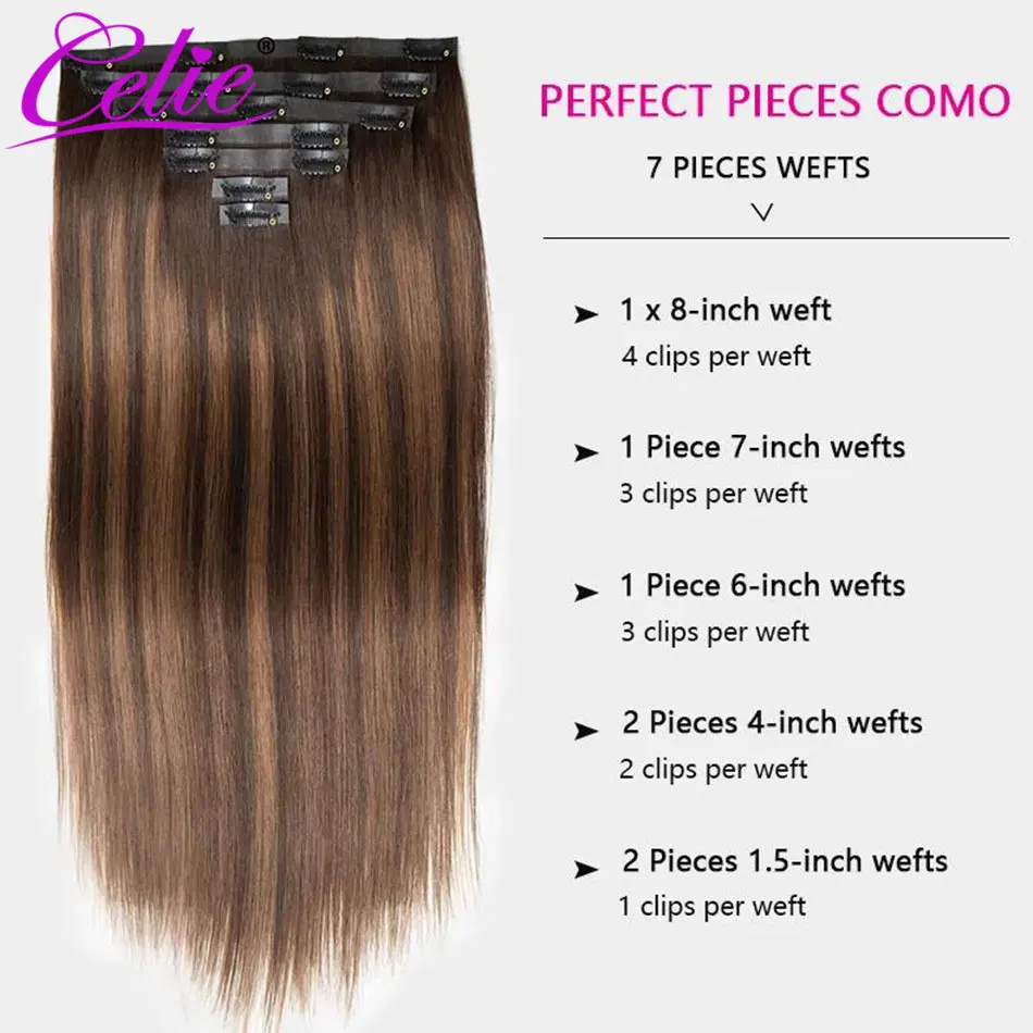 Celie Highlight Seamless Clip In Human Hair Extensions Straight Beginner Friendly 7pcs/pack