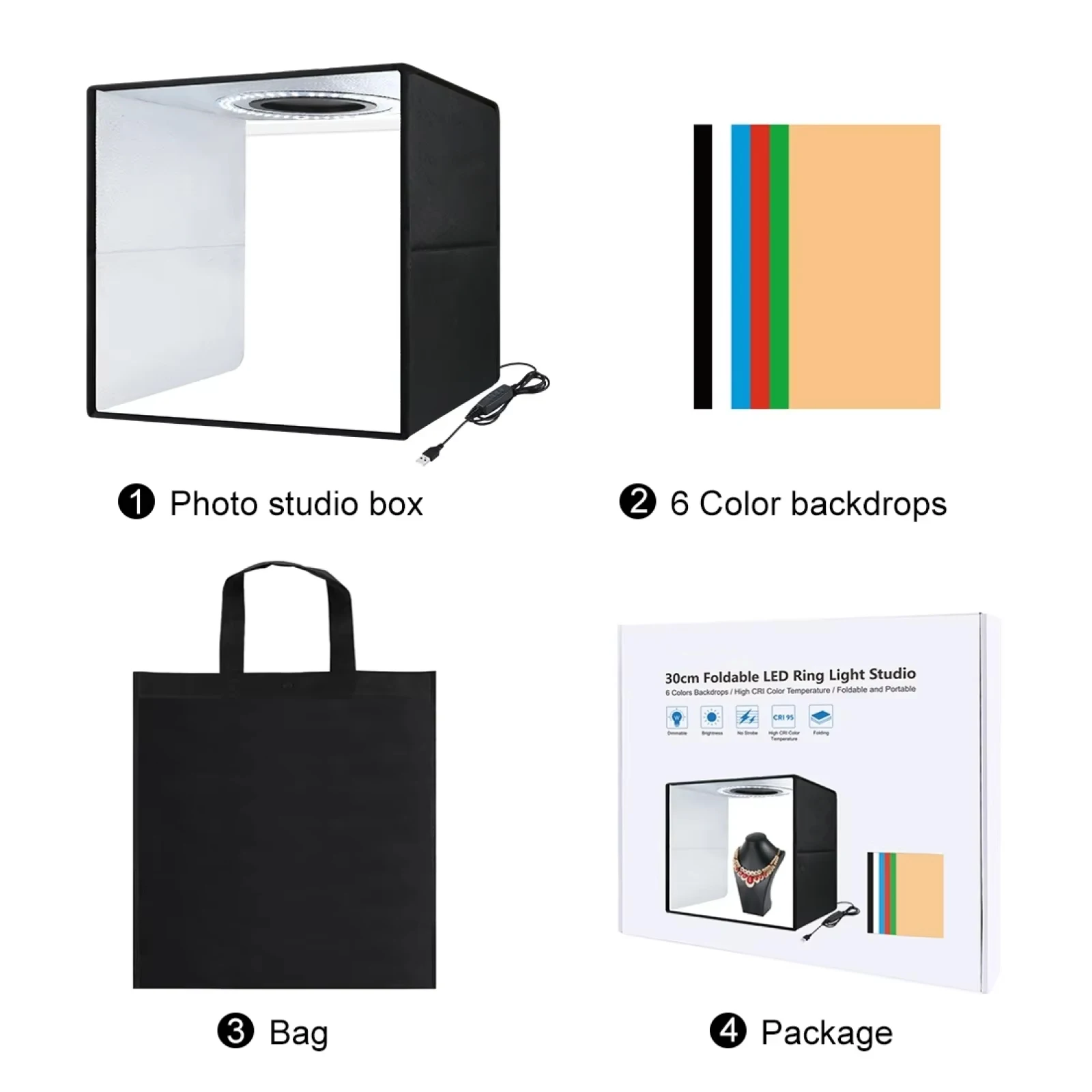 30cm/15.8'' Photo Studio Light Box,Foldable Photography Lightbox Kits 6 Colors Backdrop,Dimmable LED Softbox For Photo Studio