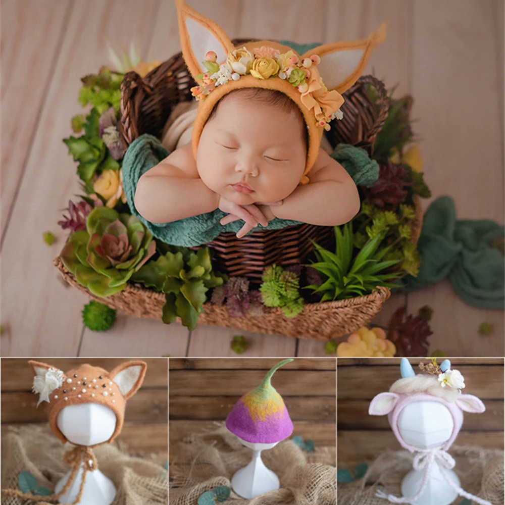 Dvotinst Newborn Photography Props Baby Handmade Wool Cute Animals Bonnet Hat Fotografia Accessories Studio Shooting Photo Props dvotinst newborn baby photography props wool background flora blanket mat fotografia accessories studio shooting photo props