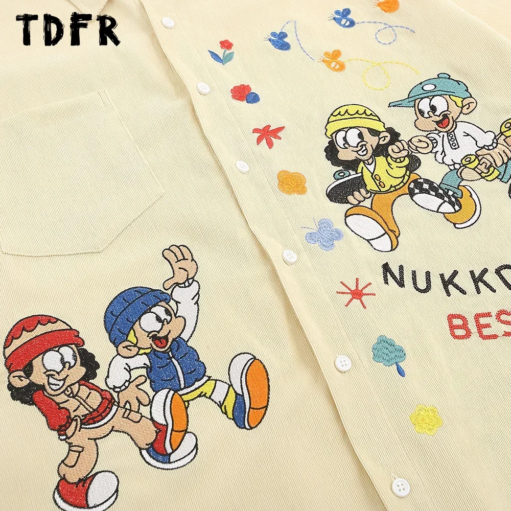 Mens Cartoon Embroidery Cargo Shirts Summer Retro Casual Streetwear Lapel Single Breasted Short Sleeve