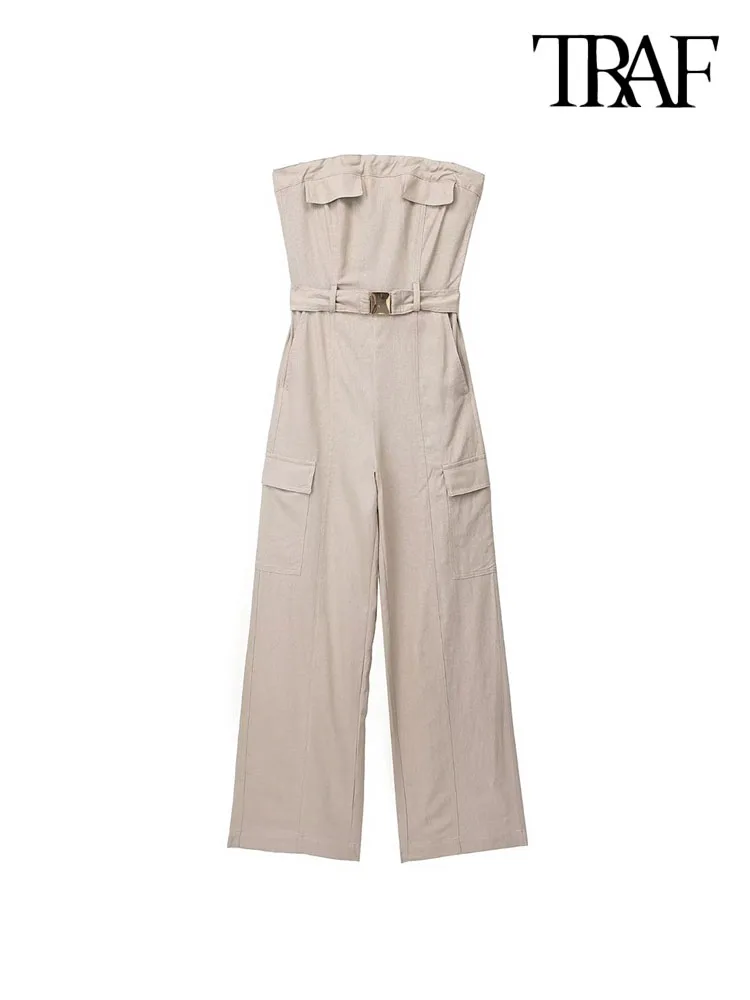 

TRAF Women Fashion With Belt Patch Pockets Cargo Jumpsuits Sexy Straight Neck Back Zipper Female Playsuits Mujer