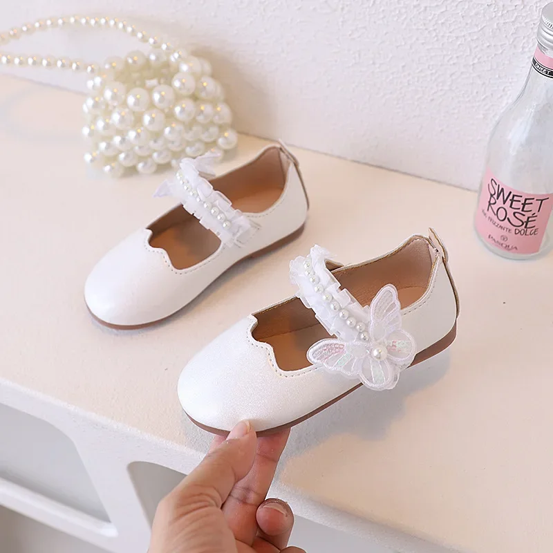 Girls Leather Lace Pearl Ballet Flat Shoes for Wedding Party