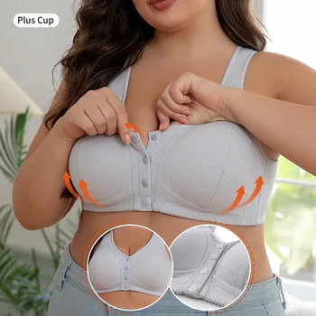 Bralette da donna in cotone con chiusura frontale, reggiseno a costine taglie forti senza fili con comfort a copertura totale per persone di mezza età