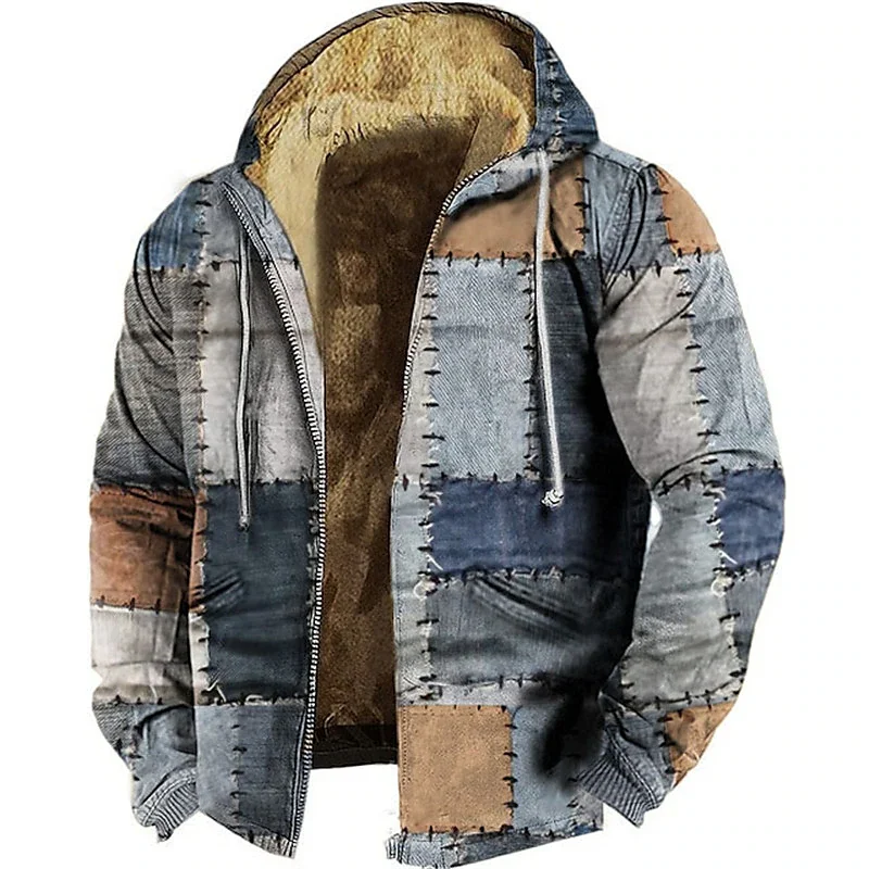 

Men's Zipper Hoodies Winter Fleece Parka Coat Sewing Patchwork Graphic Jacket Sweatshirts Outerwear Daily Hooded Zip-up Overcoat