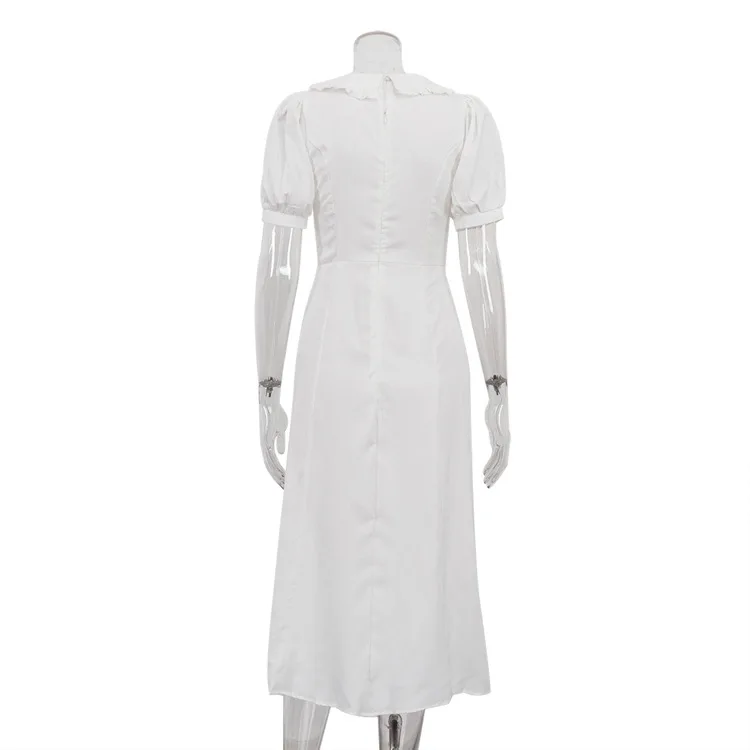 Ruffled White Elegant Long Dress Women's V-Neck Lace-Up Short Sleeve High Waist Patchwork Party Dress Ladies Maxi Dress