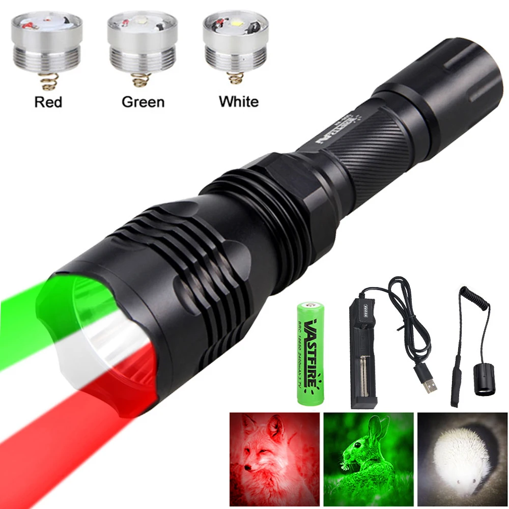

Powerful 400 Yards Professional Hunting Flashlight Tactical 1-Mode Green&Red&White LED Predator Torch Coyote Hog Varmint Lantern