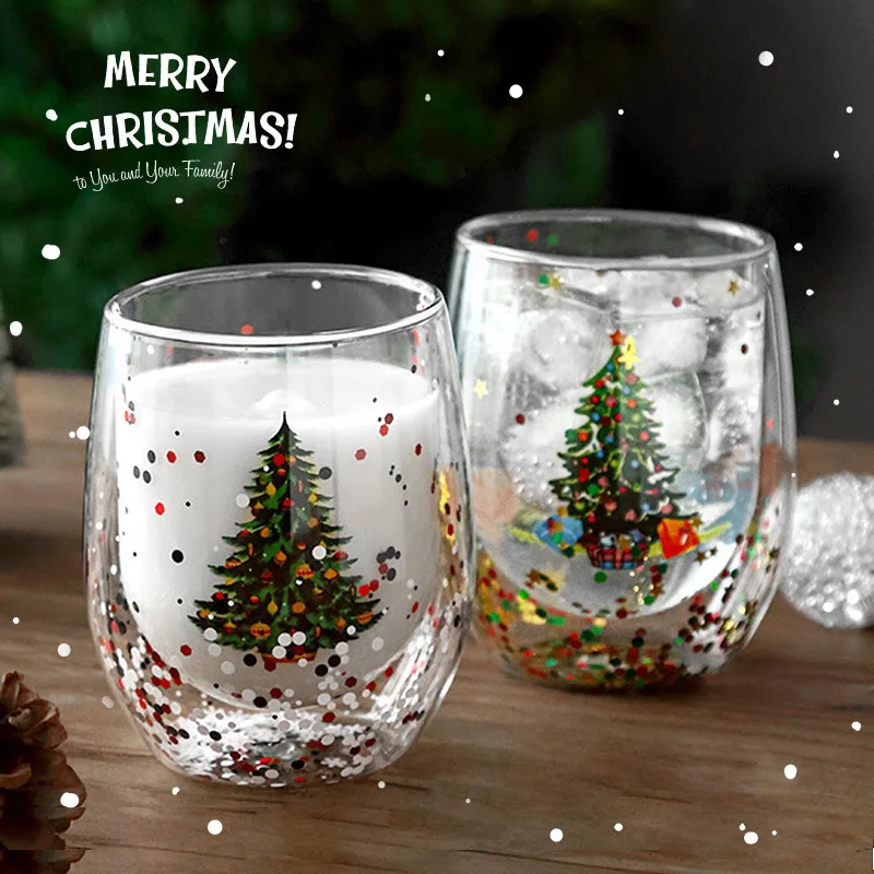YWDL 1/2pcs Christmas Tree Double Wall Glass Cup Party Christmas Gift Heat-insulated Espresso Coffee Mug Milk Tea Cup 300ml