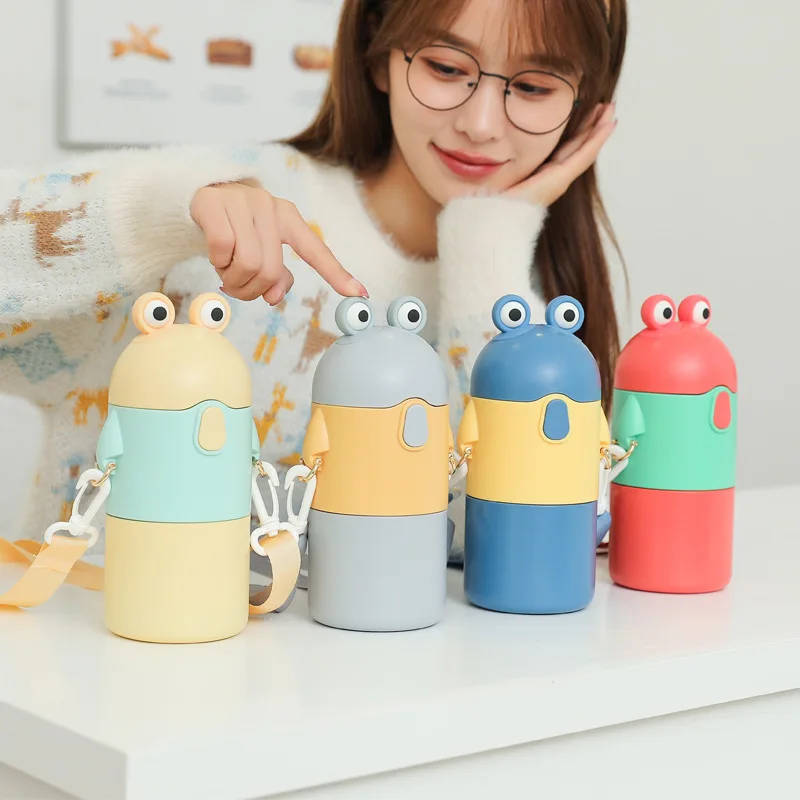 

350ml New Children's Fun Cartoon Children's Thermos Cup Stainless Steel Straw Water Cup Oblique Span Strap Student Kettle