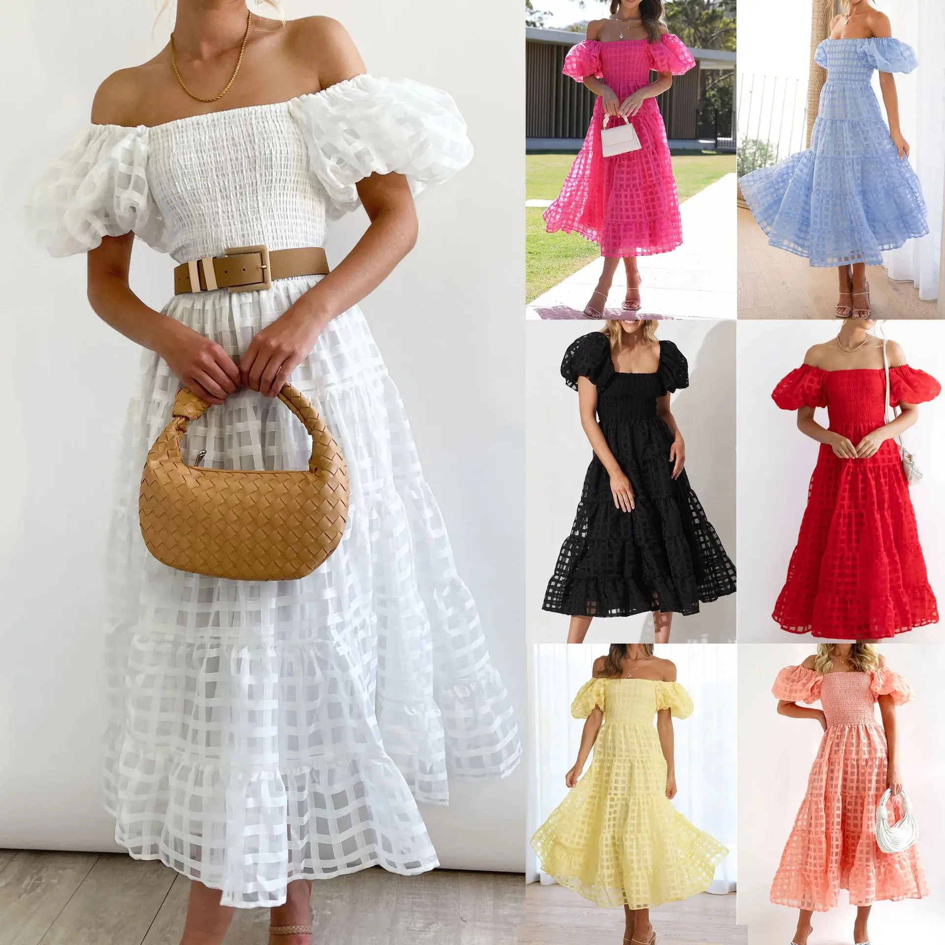 

White Dress Streetwear Women Wedding Dresses New One Line Neck Lantern Sleeve Dress Casual Loose Fitting Dress