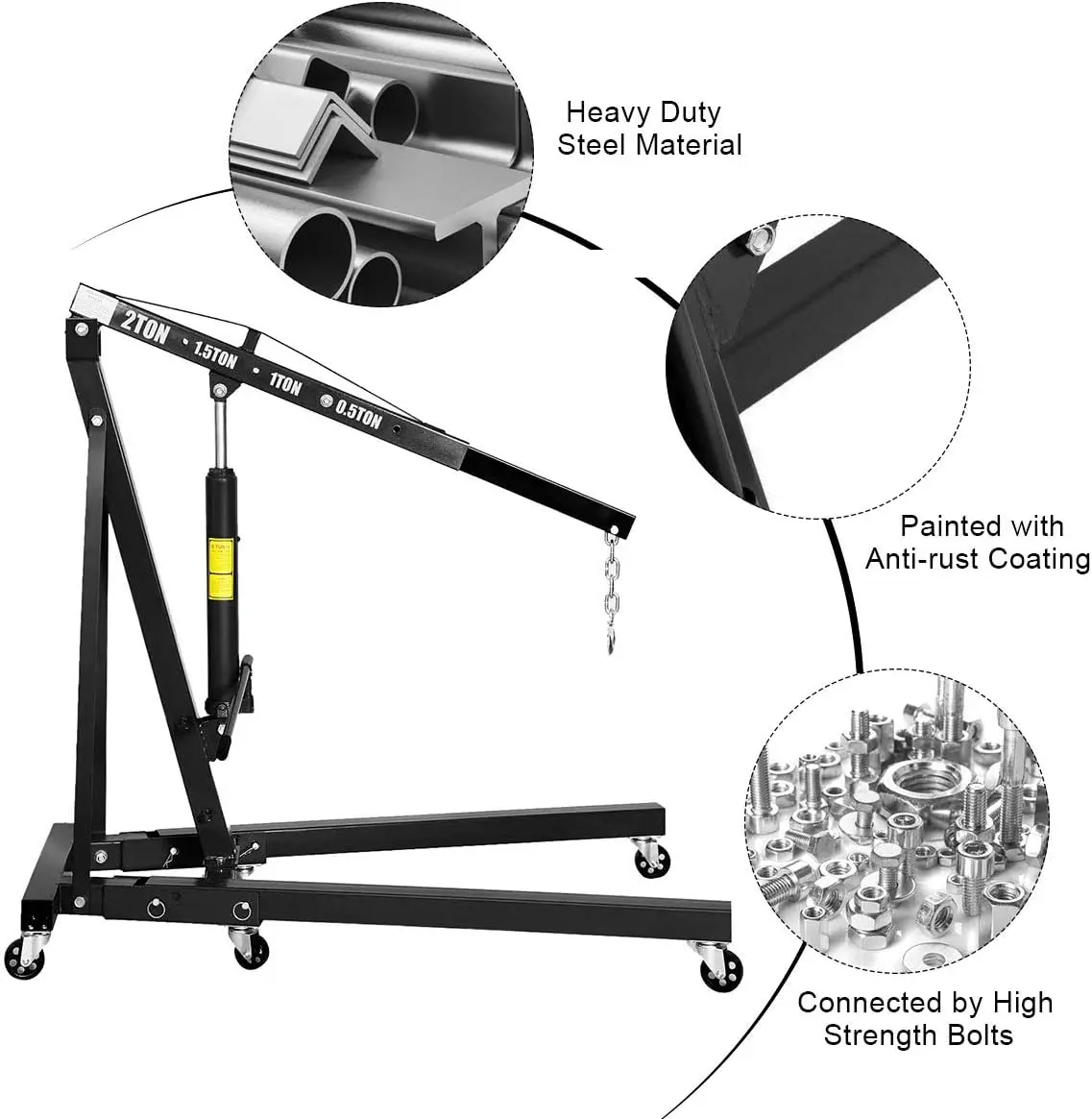 Hoist 2 Ton Folding Engine Lift with 6 Wheels Heavy Duty Steel Hydraulic Shop Engine Crane Cherry Picker Hoist